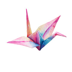 Colorful watercolor origami crane bird with delicate wings shown isolated on transparent background © SVGCuteShop