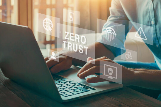 Zero trust cyber security concept. Virtual screen with icons zero trust security, data protection online, fingerprint authorization.