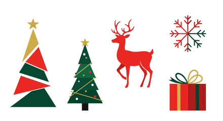 Festive holiday graphic design elements set with stylized Christmas tree, red reindeer, snowflake, and present