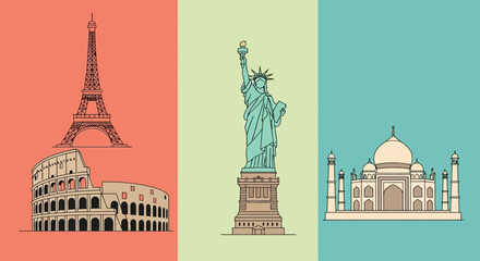 Illustrated collection of famous international landmarks and architectural wonders for global travel concepts