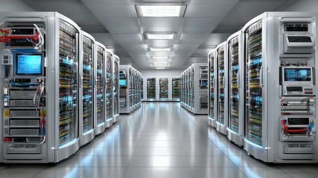 Cyber Fortress: A modern data center, with rows of powerful servers humming with activity. Showcasing technology's vital role in our digital age, with a focus on security and information processing.