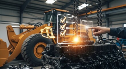 Industrial quality control inspection with digital checklist overlay on heavy machinery component.