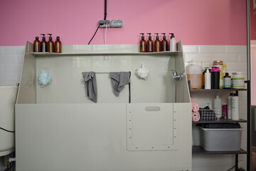 Empty pet grooming station featuring large washing tub with attached shower head, multiple bottles...