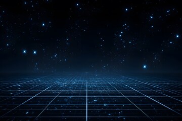A dark background with grid lines and stars. It is a digital illustration. The main color theme of the design should be blue. 