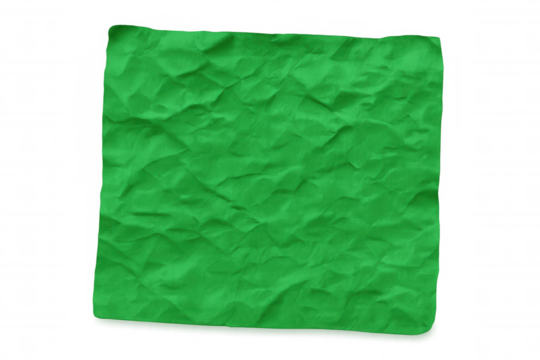 Crumpled sheet of green paper with transparent background, creating a textured and vibrant visual element