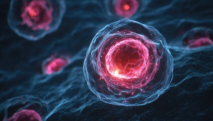 Close-up view of vibrant, glowing cells, exhibiting intricate details and deep blue backgrounds.