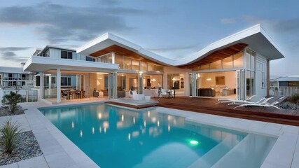 Modern Luxury Villa with Pool: This image showcases a contemporary villa, distinguished by its sleek architectural design, expansive windows, and inviting pool, epitomizing luxurious living.