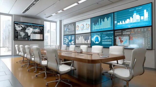 Modern Conference Room: A modern and sophisticated conference room, featuring a large wooden table surrounded by stylish chairs, and multiple screens displaying data and information.