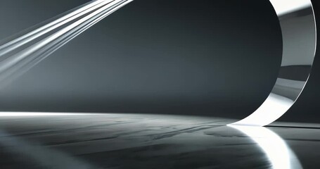 Sweeping light beams initiating metallic loop shifting, rotating in studio with reflective floor - Powered by Adobe