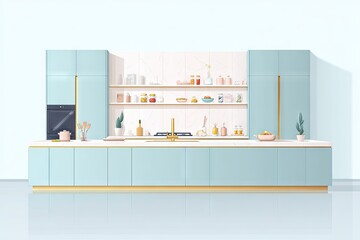 Fototapeta premium Light teal kitchen with gold accents.
