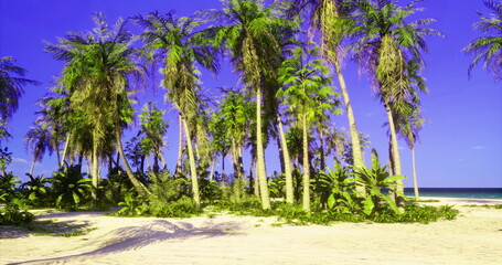 Fototapeta premium Palm trees create a vibrant tropical landscape on soft sand, with clear blue skies above and gentle waves visible in the distance, inviting relaxation and exploration.