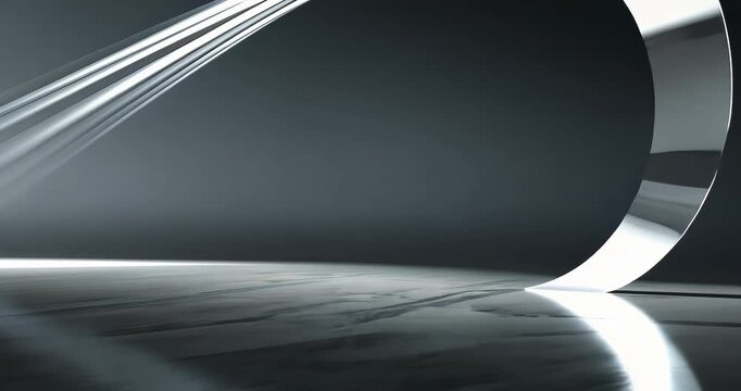 Sweeping light beams initiating metallic loop shifting, rotating in studio with reflective floor - Powered by Adobe