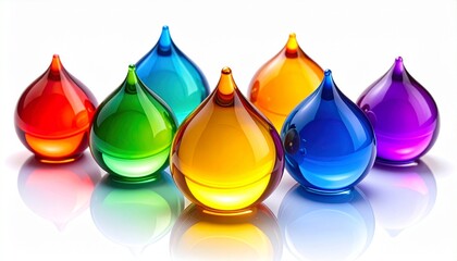 Shiny, colorful liquid droplets reflect light beautifully on a clean white surface. This visual composition displays a spectrum of vibrant colors