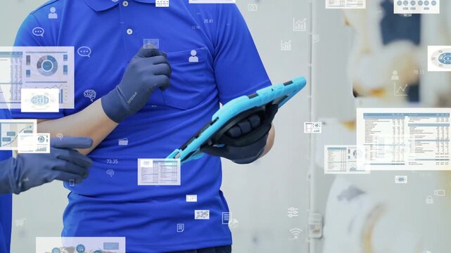 Survey data concept with group of workers using tablets