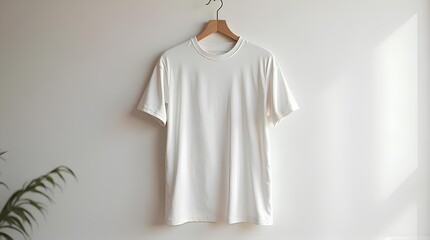 A blank t-shirt hanging on the wall in a room with soft sunlight.