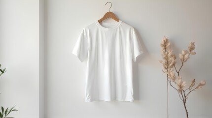 Blank t-shirts hanging on the wall and flowers with light shining through them.