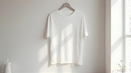 Blank t-shirts hanging on the wall with morning light