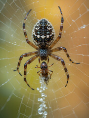 Obraz premium Spider Preying on Insect in Its Web, close-up image showcases a spider capturing its prey, emphasizing a predator-prey relationship and the intricacies of nature's food chain in a captivating manner