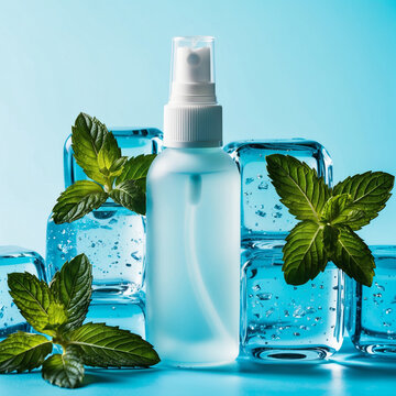 Pure Essential Spray Oil Bottle Featuring Natural Leaves and Ice