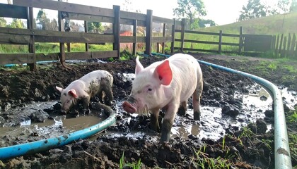 Two piglets playing in a muddy puddle