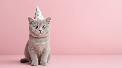 Cute gray cat with party hat sitting on pink background, celebrating birthday with festive decorations for joyful moments and fun atmosphere