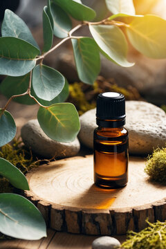 Amber Essential Oil Bottle on Wooden Surface with Greenery