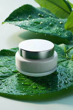 Cosmetic Cream Packaging on Botanical Leaf Setting