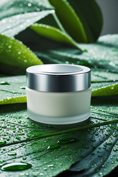 Organic Skincare Cream Jar with Dewy Green Leaf