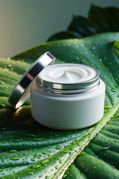 Luxury Face Cream Container on Natural Leaf Surface