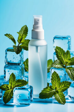 Essential oils bottle with green leaves