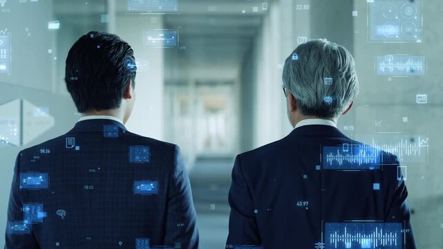 Group of business people walking in office and digital technology concept