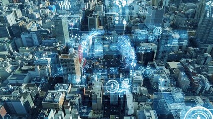 現代都市ドローン空撮とデジタルテクノロジーのコンセプト - Powered by Adobe