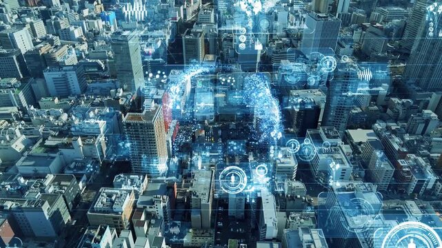 現代都市ドローン空撮とデジタルテクノロジーのコンセプト