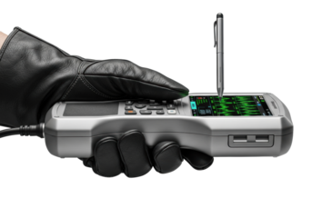 A human hand in a dark, worn leather glove securely gripping a metallic silver industrial device with a green data display and stylus on a transparent background, concept of industrial precision