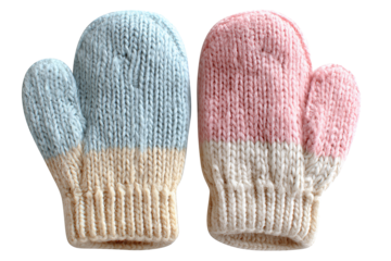 Soft knitted mittens for winter wear, pastel shades and ribbed cuffs detail, isolated on transparent background.
