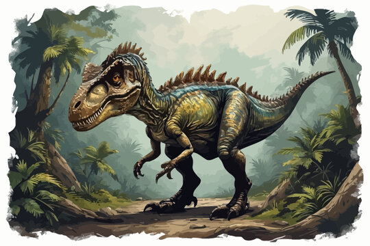 Spinosaurus Roaming in Lush Forest, Fantasy Illustration, Jungle Environment, Dynamic Viewpoint