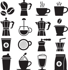 Coffee icons set with beans moka pots cups and coffee makers espresso maker french press
