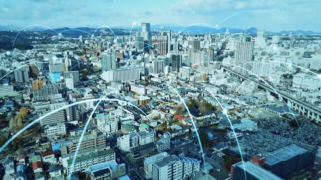 Modern city drone aerial view and communication network concept