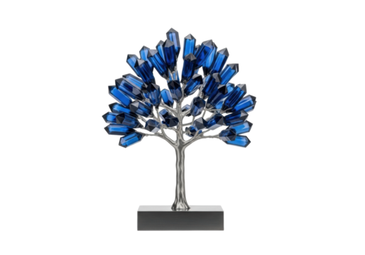 A minimalist tree sculpture of brushed steel and angular sapphire blue crystalline foliage, centered on a polished dark grey plinth against a transparent background, modern art concept