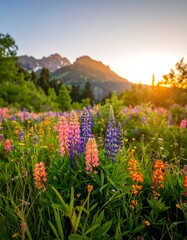 Colorful wildflowers bloom in a meadow at sunset, mountains in the background