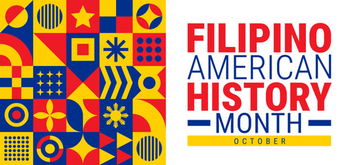 Filipino American History Month Geometric shape pattern background, banner, card or poster design template is observed every year during October, to raise awareness about the mission. Vector 