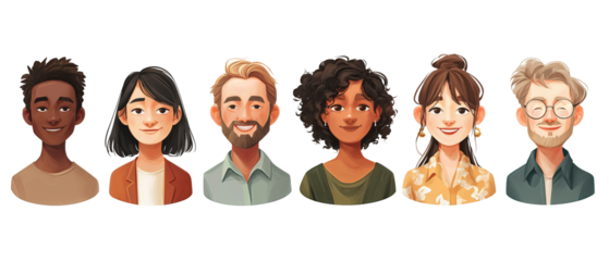 Lineup of diverse people avatars with different hair styles and skin tones, simple friendly design, isolated on transparent background.
