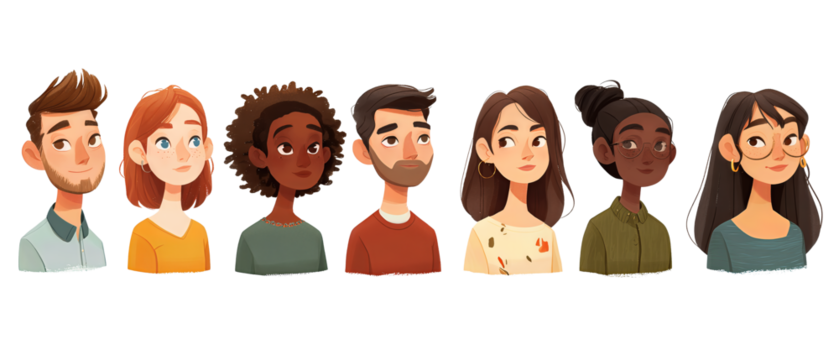 Collection of head-and-shoulder avatars showing inclusive variety in appearance, clean graphic style, isolated on transparent background.