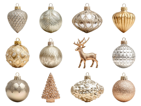 Holiday ornament set featuring glass and metallic baubles with festive figurines, cleanly organized, isolated on transparent background.
