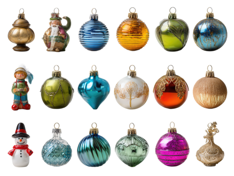 Collection of Christmas ornaments with shiny baubles and small figurines displayed in tidy grid layout, isolated on transparent background.
