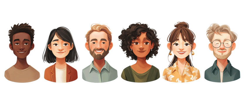 Lineup of diverse people avatars with different hair styles and skin tones, simple friendly design, isolated on transparent background.
