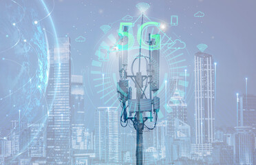 Telecommunication tower or Mobile phone tower with 5G cellular network . Global connection and internet network concept.on city background.