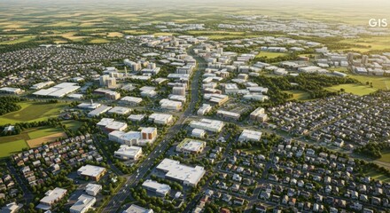 Aerial View of Modern Urban Cityscape with Commercial and Residential Buildings Under Bright Sunlight
