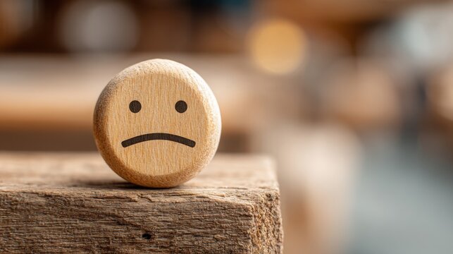 Wooden smiley face representing happiness and positive emotion in a minimalist and creative artistic concept