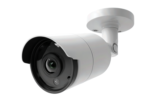 Compact CCTV security camera module with cylindrical lens housing and attached mount, three-quarter view, isolated on transparent background.

